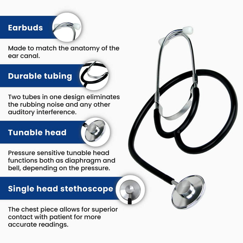 [Australia - AusPower] - Dixie EMS Single Head Lightweight Stethoscope, Latex Free, for Doctors, Nurses, Students, Medical and Home Use - Black 