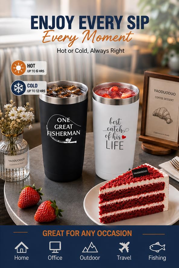 Fishing Couple Tumblers Set 2 Pack 20oz Stainless Steel Travel Mugs - One Great Fisherman Best Catch Anniversary Birthday Gifts 20.0 fluid_ounces Fishing