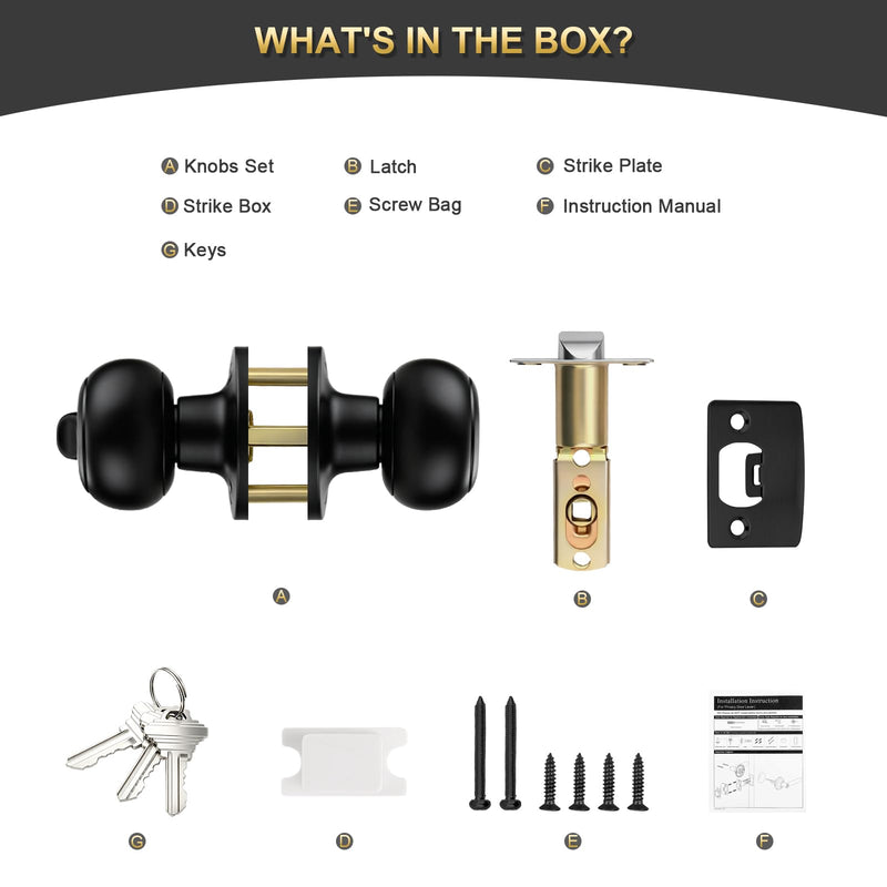 2 Pack Keyed Entry Door Knob, Entrance Door Lock, Keyed Different, Flat Ball, Matte Black Interior and Exterior Entry Door Knobs 2