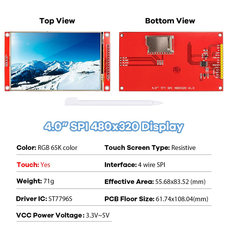 [Australia - AusPower] - 4.0 Inches 480x320 TFT Touch Screen LCD Display Module SPI ST7796S Driver for Arduino R3/Mega2560 4.0" SPI 