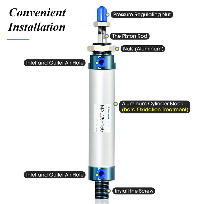 [Australia - AusPower] - TAILONZ PNEUMATIC 25mm Bore 150mm Stroke Air Cylinder Double Action with Y Connector and 2Pcs 6mm Fitting MAL25x150 