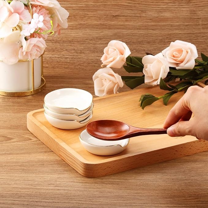 Boao 8 Pieces 2.7 Inches Mini Ceramic Spoon Rests, Kitchen Gold Rim Mini Cooking Spoon Holder for Stove Top Countertop, Teaspoon Rest, Coffee Stir Rest White