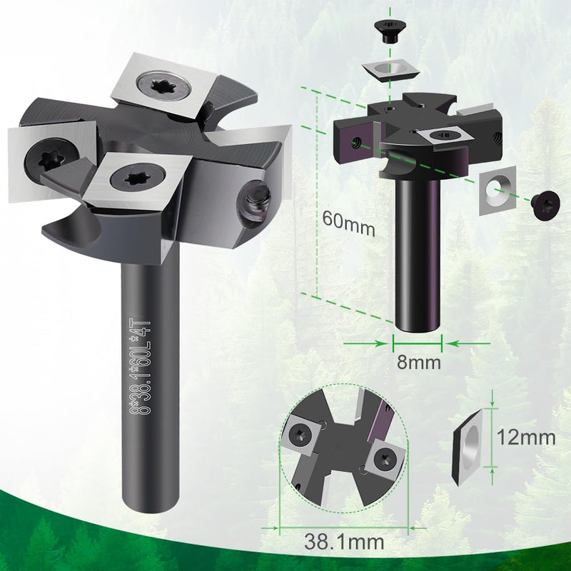 [Australia - AusPower] - BALUGAEA 8mm Shank Face Router Bit - 38.1mm Cutting Diameter - Equipped with 4 Interchangeable Carbide Blades 12 x 12mm / 0.47" x 0.47" / 38.1mm Cutting Diameter - Equipped with 4 Interchangeable 4Z Fräser S=8mm D=38.1mm L=60mm 