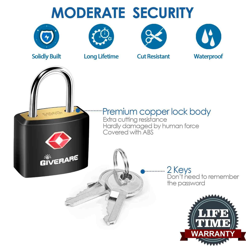 [Australia - AusPower] - 4 PACK TSA Approved Travel Luggage Locks with Keys, Solid Brass Copper Keyed Padlock, ABS Plastic Covered Small Locks for Suitcase, Backpack, Gym Locker, Jewelry Box-by GIVERARE 