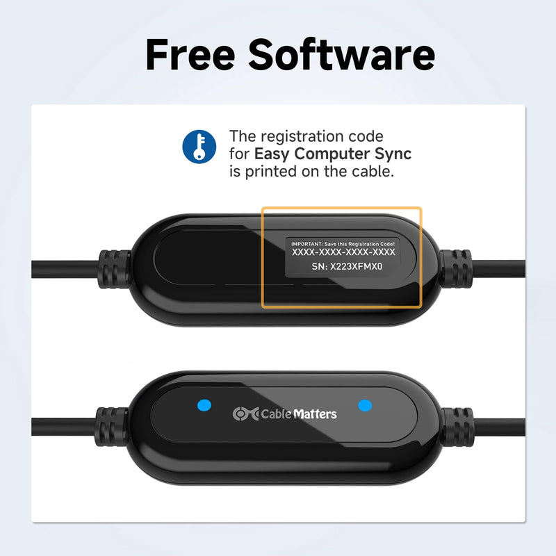 Cable Matters USB 3.0 Data Transfer Cable PC to PC for Windows, USB Transfer Cable, 6.6 ft, Easy Computer Sync Software Key Included, Works with Windows 11/10/8/7/Vista/XP, PCMover, Software Required