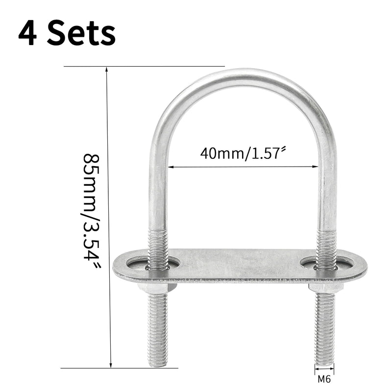 [Australia - AusPower] - Round U Bolts 4 Sets 1.57"(40mm) Inner Width 85mm Length Steel M6 with Nut, Plate, Washer M6x40mmx85mm 