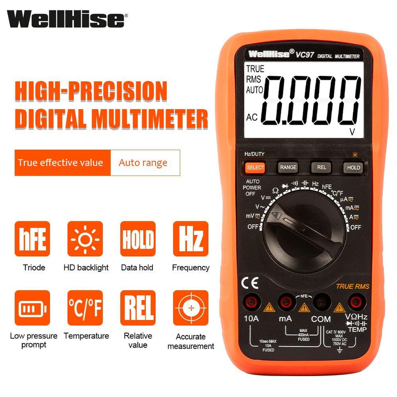 [Australia - AusPower] - VC97 Digital Multimeter, True RMS Auto-Ranging 6000 Counts, AC/DC Voltage Current Tester, Ohm Capacitance Frequency Diode Continuity, Large LCD Backlight Display 