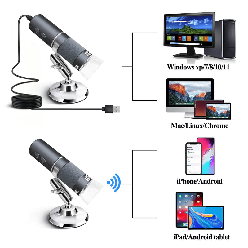 4K WiFi Microscope for iPhone Android PC 50 to 1000X USB Digital | Mikroskop Wireless Super HD Endoskopkamera Kompatibel mit Handys iPad Tablet Windows Mac Chrome Linux Münzen Löten Set gray