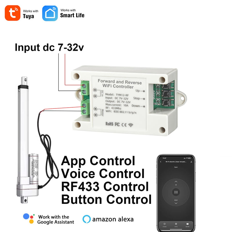 [Australia - AusPower] - WiFi Smart Linear Actuator Controller 10A Relay with Timer, Wireless Dual Control (Tuya WiFi+RF Remote) for 12V 24V 32V DC Motor, Forward and Reverse Switch & Schedule (White) White 