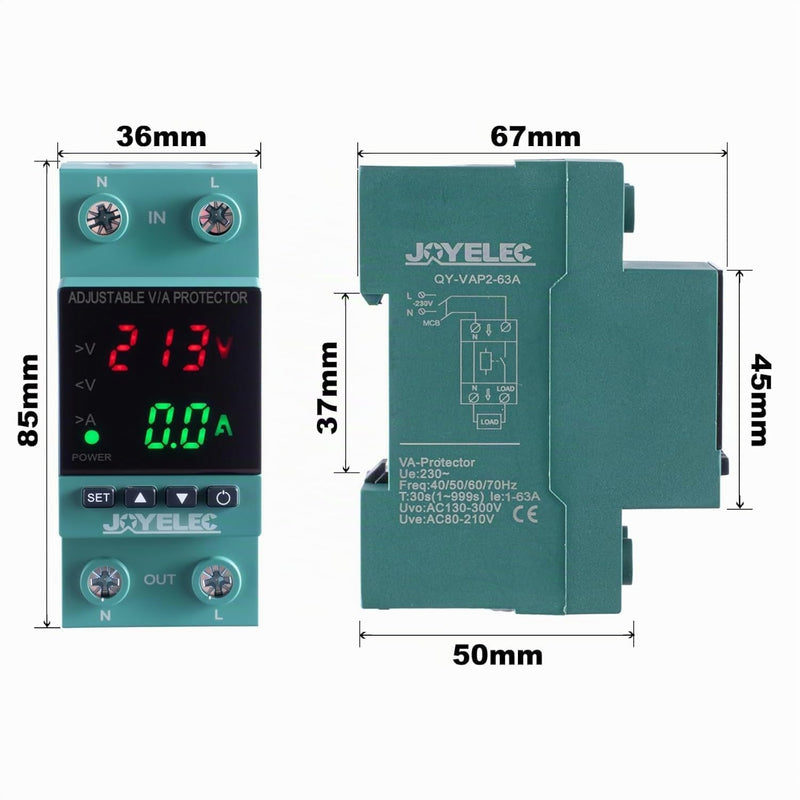 Home Surge Protection DIN Rail and Low Voltage Protection, AC 230V 63a Voltage Protection Device Automatic Recovery DIN Rail Protection