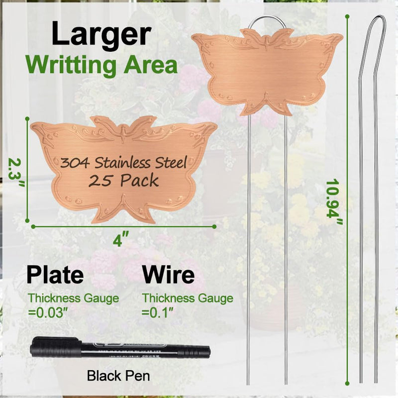 Metal Plant Labels, Tall Outdoor Butterfly Garden Markers for Flowers, Fruits and Vegetables, 304 Stainless Steel Weatherproof Signs (25 Packs, 4" x 2.3", Gold Butterfly Design) 25 PACK SUS 304 Garden Labels