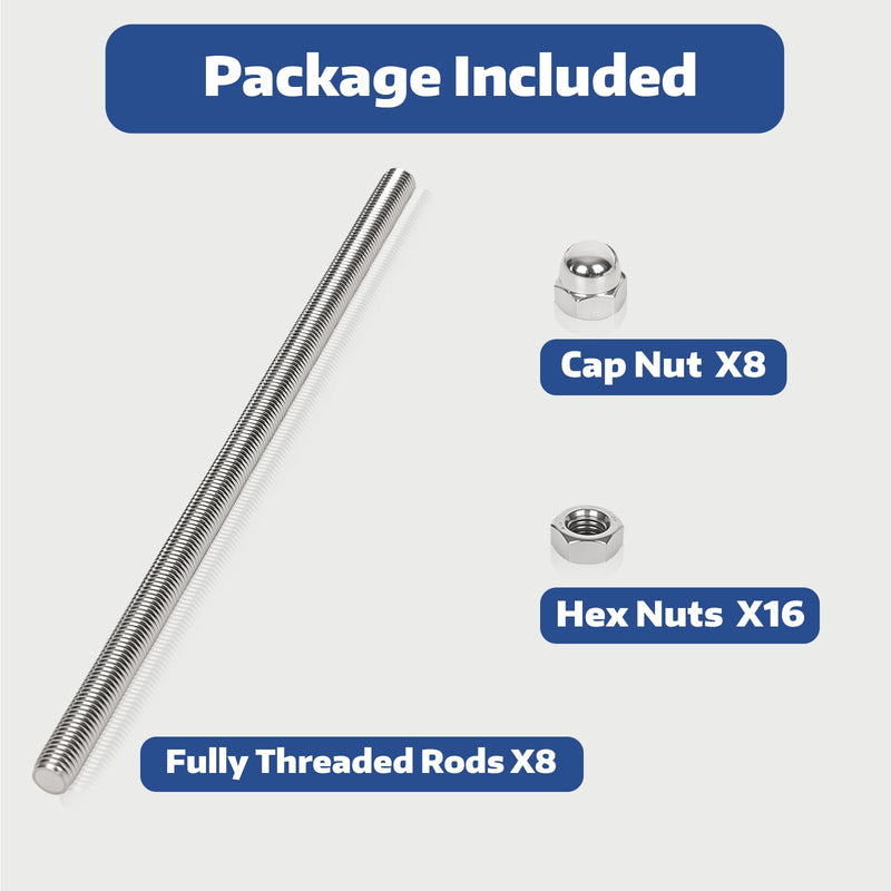 8 Pcs 304 Stainless Steel M10 Fully Threaded Rod,12"(305mm) Long Threaded Rod,Right Hand Threads，with Nuts (8, M10x305mm) 8
