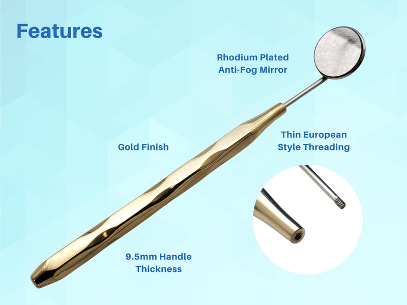 [Australia - AusPower] - Dental Mirror Stainless Steel with Gold Plated Handle, Set of 5 Dental Mirrors Front Surface Rhodium Plasma Coated European Style Threading by ARTMAN Brand 