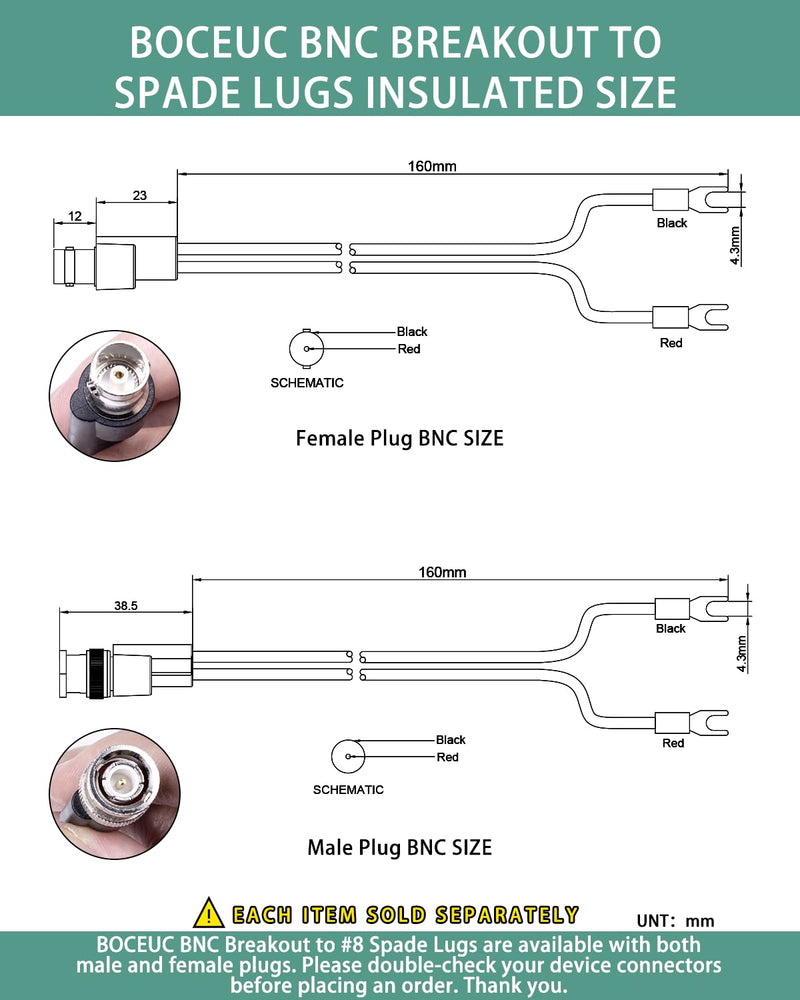 [Australia - AusPower] - BNC Test Leads, BNC Jack to Spade Lugs, Test Lead Breakout Cable for Multimeter, 5A Current Rating, 1 Pack Male Plug 