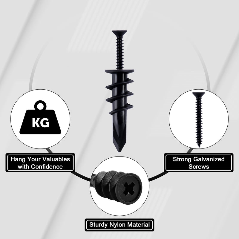 [Australia - AusPower] - KURUI Black Self Drilling Drywall Anchors, 140PCs #8 Dry Wall Anchors and Flat Head Screws Kit, 70 Anchors + 70 Screws, 75LB Heavy Duty Hanging for Picture Frames Wall Decor Art, Sheetrock Hangers 