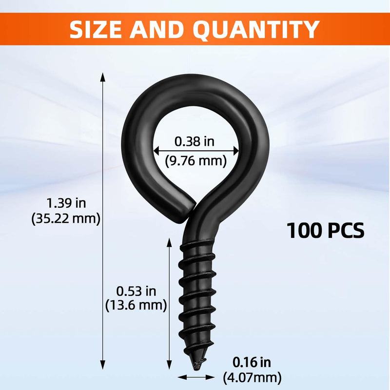 [Australia - AusPower] - #8 x 1-3/8" (1.4 Inch) Screw Eyes, Screw in Eye Hooks for Securing Cables Wires, Self Tapping Screws Eye Bolts for Indoor & Outdoor Use, Black, 100 PCS #8 x 1-3/8" 