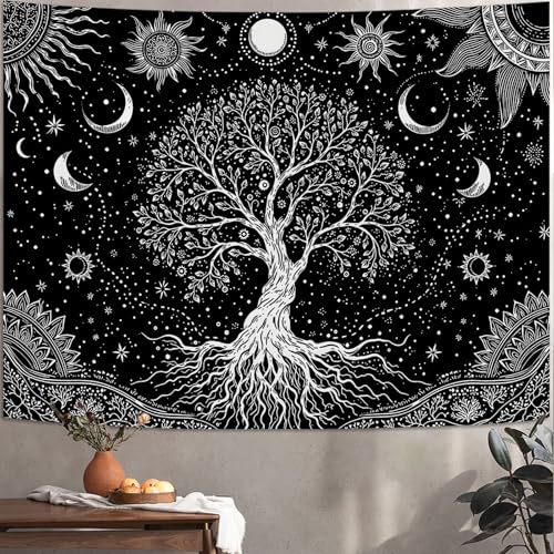 Spenlife Spiritual Tree of Life Tapestry, Black and White Tapestries for Bedroom, Gothic Wall Decor, Celestial Tapestries (60" x 44") 60"L x 44"W Black White