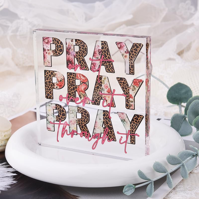 Leopard Print Acrylic Sign for Home Office Decor Desk Sign Paperweight for Pastor Religious Christian Gift Square Tabletop Bookshelf Decorative Pray Cheetah Plaque Encouragement Postive Gift Idea