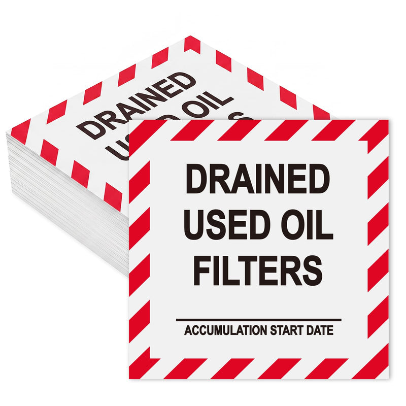 100 Pcs Drained Used Oil Filters Label - 6 x 6 Inch Adhesive Vinyl Hazardous Waste Stickers for Identification Drums, Containers Waste Management