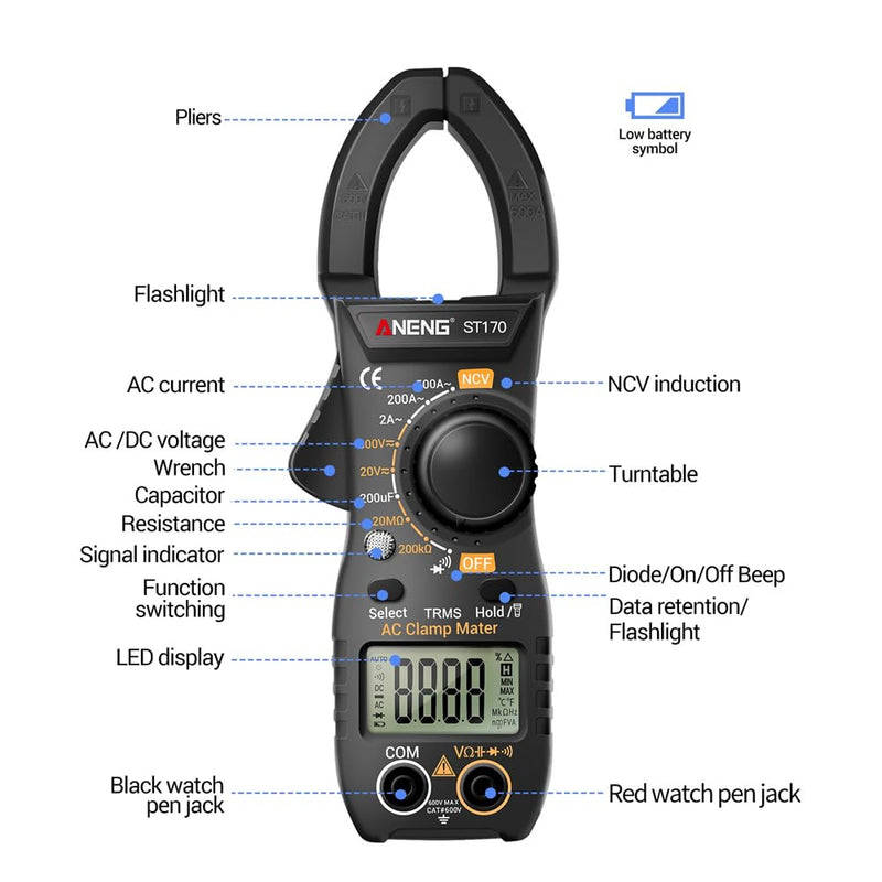 [Australia - AusPower] - NCV Digital Clamp Meter Multimeter 2000 Counts Amp Voltage Tester Auto-ranging with AC/DC Voltage, AC Current, Resistance, Capacitance, Continuity, Live Wire Test, Black 