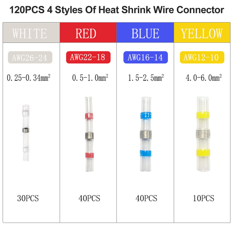 Newaner Pack of 120 Cable Connectors, Waterproof, Insulated, 4 Sizes, 26-10AWG Solder Connectors with Shrink Tubing, Crimp/Shock/Shrink Connector for Electronics Industry, Shrink Ratio 3:1