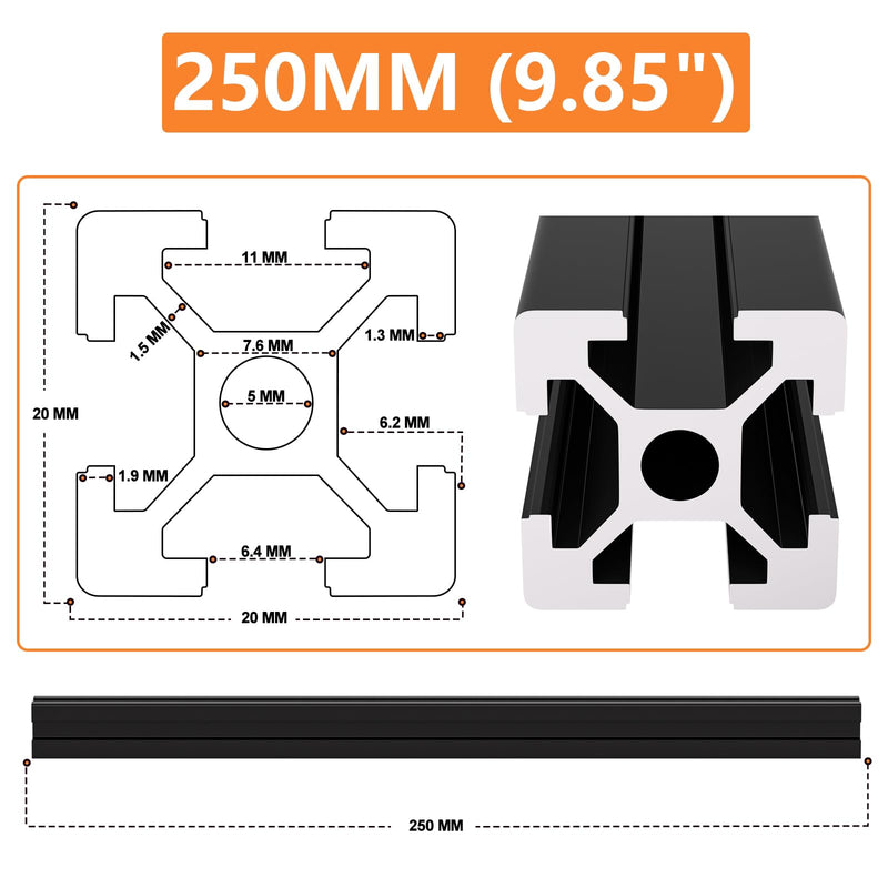 [Australia - AusPower] - GASHER 10PCS Aluminum Extrusion Black 250mm T Slot 2020 Aluminum Profile Extrusion Linear Rail Extrusion European Standard, for 3D Printer Parts and CNC Machine (9.85") 250mm(9.85'') 10 