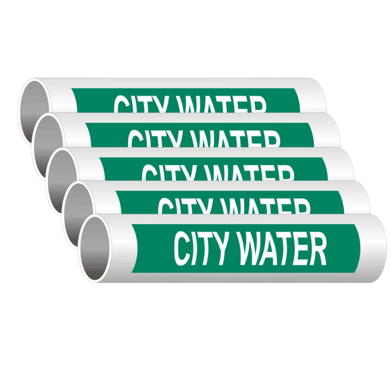 ComplianceSigns.com City Water (White Legend On Green Background) Pipe Label Decal, 8x2 in. 5-Pack Vinyl for Pipe Markers 8" x 2" - 5 Pack