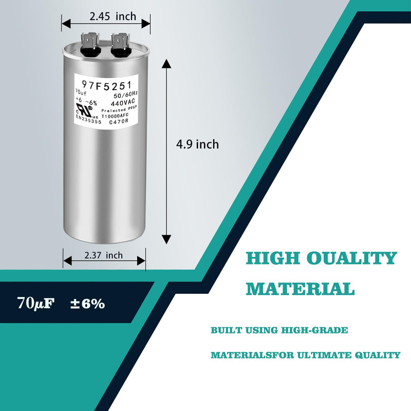 97F5251 C470R 70uF MFD x 440VAC Industrial Replacement Capacitor Round Heavy Duty Motor Start Run Capacitor (97F5251)
