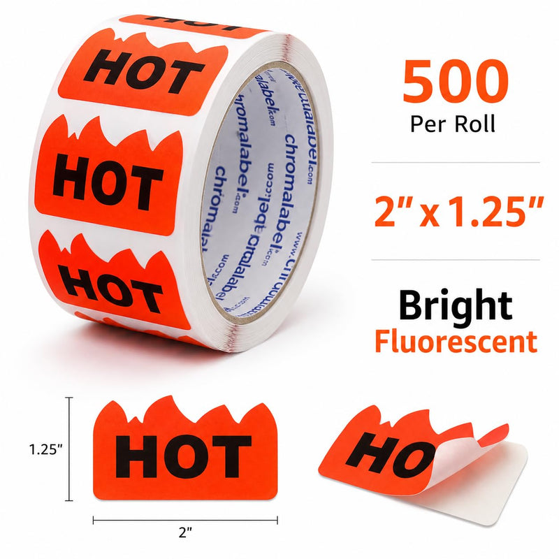 ChromaLabel Hot Stickers, 2 x 1.25 Inch Fluorescent Red Orange Flame Labels, 500/Roll, Rave Hot Stickers for Parties, Festivals, Events, Hot Sauce, Spicy Food & Retail Marking 2" x 1-1/4" Pack of 1