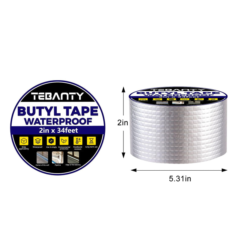 Butyl Tape Waterproof Sealing Tape 2Inch x 34Feet, Aluminum Foil Tape, Butyl Sealant Tape for Pipe Sealing, RV Repair, Window, EDPM Roof Leak Patching, Boat and Pipe Sealing 2 inch x 34 feet