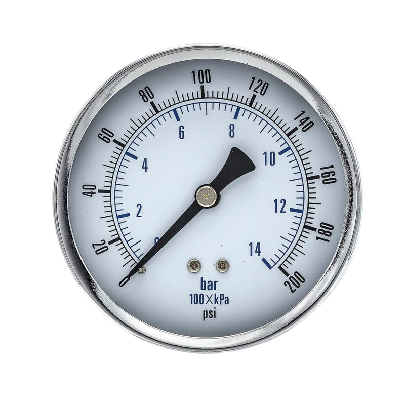 [Australia - AusPower] - Dry Center Back Mount Pressure Gauge with 3.5" Dial, 0-200 PSI, 1/4" Male NPT Connection, Chrome Bezel, Brass Internals and Plastic Lens (1) 