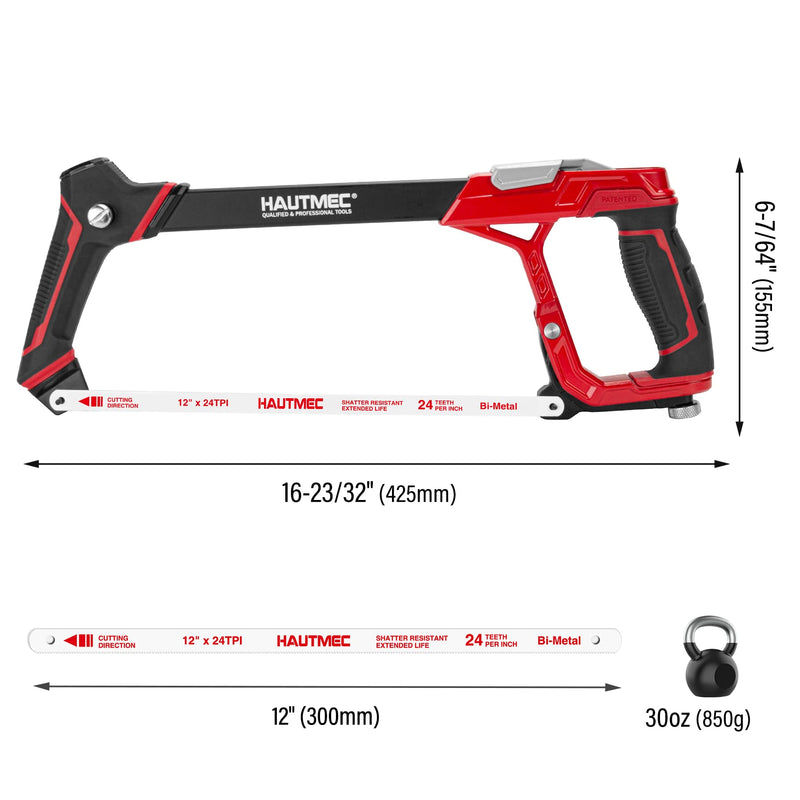 HAUTMEC 12" Fast High-Tension Hacksaw, Expert Metal Saw with 6 Bi-Metal Blades, Heavyweight Aluminum Frame, Ergonomic Non-Slip Handle, Blade Storage & Dual Cutting Angles (HTHSH25034) Expert Hacksaw