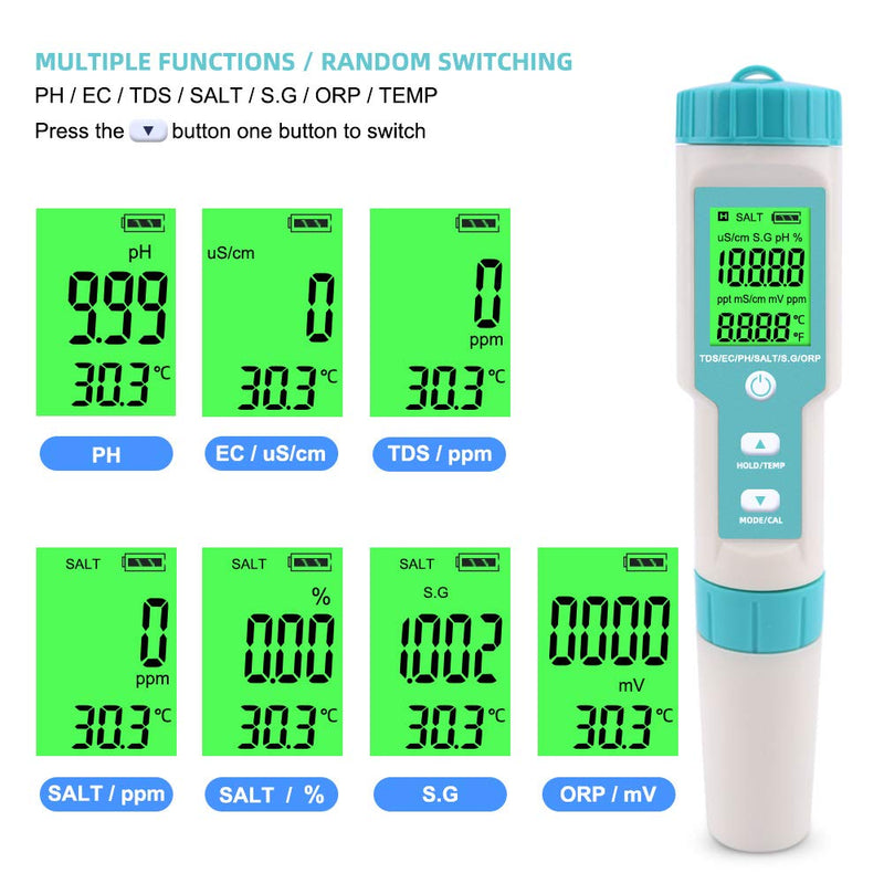 [Australia - AusPower] - 7 in 1 PH Meter Gomass 0.01 High Accuracy ph Tester Digital for Water TDS/EC/Salinity/Temp/ORP/S. G/PH Pen Tester Drinking Water, Hydroponics, Plants, Aquarium and Pool Light blue 