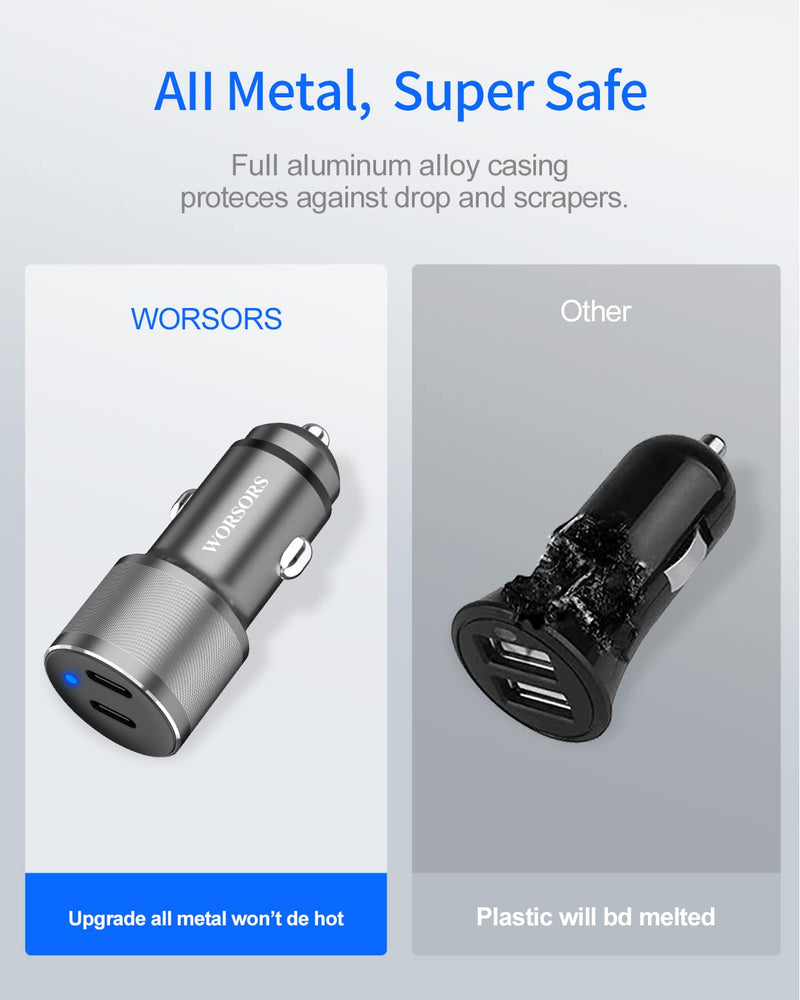 [Australia - AusPower] - Dual USB C Car Charger, 60W PD (30W + 30W) Super Fast Charging Adapter Metal for iPhone 15 Pro Max, Samsung Galaxy S24 Ultra/S24 Plus/S24/S23/S22/S21, Note 20/10, iPad Pro + 2X Type C to C Cable 3.3Ft Gray 