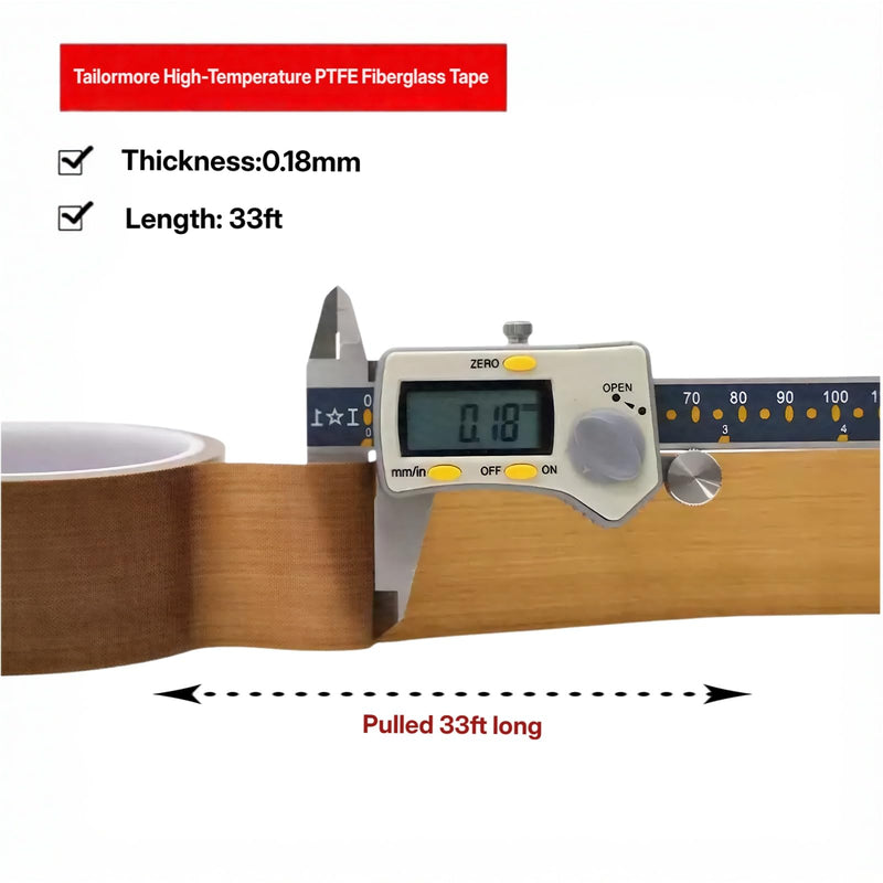 High-Temperature PTFE Fiberglass Tape，1" x 33ft x 0.18mm Heat Resistant Low Friction Tape for Heat Sealers, Rollers，Vacuum Sealer Machine,Hand and Impulse Sealers