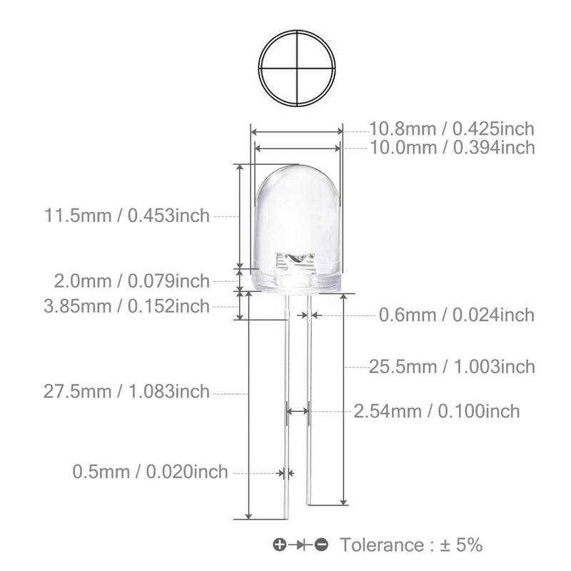 CHANZON 50 pcs 10mm White LED Diode Lights (Clear Round Transparent DC 3V 20mA) Bright Lighting Bulb Lamps Electronics Components Indicator Light Emitting Diodes A) White (50pcs)