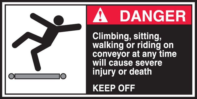 Accuform LECN171 CEMA Safety Label, "Danger Climbing, Sitting, Walking or Riding on Conveyor Will Cause Severe Injury or Death Keep Off", 2.5"x5"x0.004", Adhesive Vinyl, Red/Black on White (Pack 5)