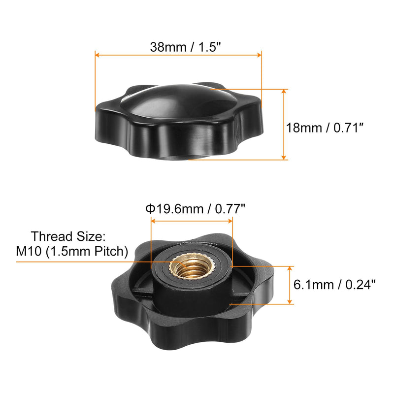 [Australia - AusPower] - HARFINGTON 6pcs Star Knobs M10 Female Thread 38mm 6-Point Plastic Head Brass Insert Non-Through Hole Screw-in Threaded Hand Knob Clamping Handle, Black M10 x 38mm 
