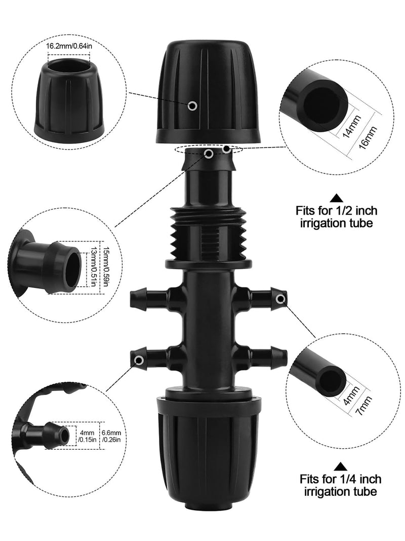 [Australia - AusPower] - Kalolary 10PCS Barbed Tee 1/2 inch to 1/4 inch Irrigation Tube Anti-Drop Premiun Quality Fitting (fits 13mm ID/ 4mm ID), 16mm PE Pipe Lock Female Connector to 47 Pipe Variable Diameter Six-Way Adapter Black 