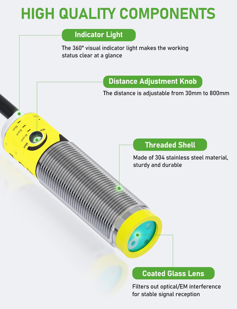 [Australia - AusPower] - DIHOOL Photoelectric Proximity Sensor, Laser Motion Switch,IP65 Waterproof, Normally Open NPN NO, M16, 3 Wires,12V/24V Input(10-30VDC), Detection Distance Adjustable from 3cm to 80cm 