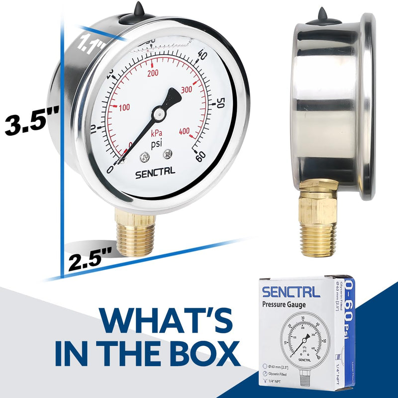 [Australia - AusPower] - 60 Psi Glycerin Liquid Filled Low Pressure Gauge, 2.5" Dial Size, 1/4" NPT Lower Mount, Stainless Steel Case, Pool Sand Filter Water Pump Tire Water Oil Air Pressure Test 0-60Psi 