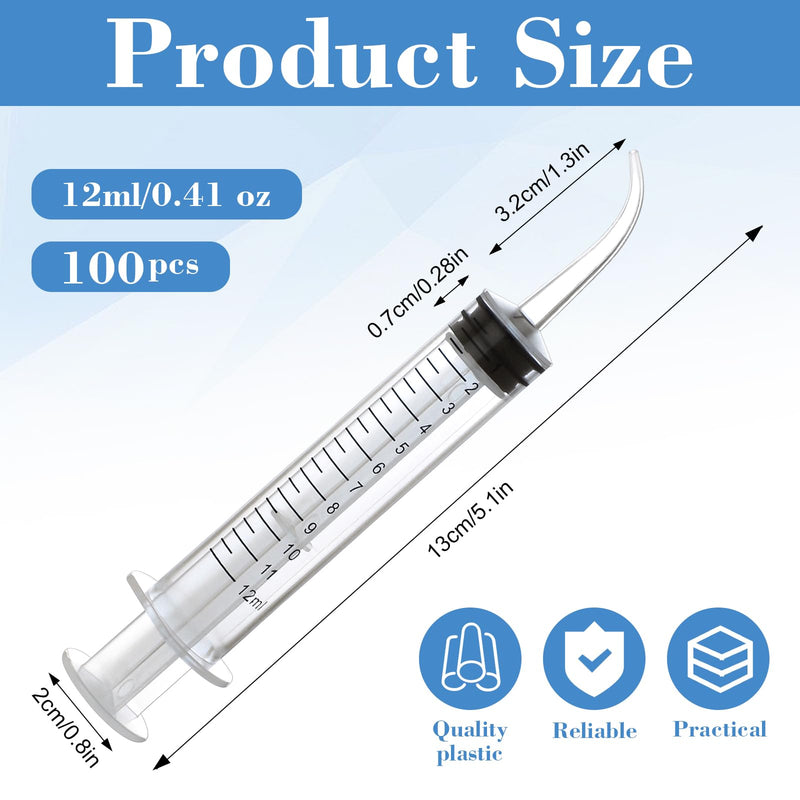 100 Pcs Dental Syringe with Curved Tip,12ml Disposable Irrigation Syringe with Measure Scale for Liquid, Oral Dental Care, Tonsil Stones Removing, Feed Small Pet,Lab