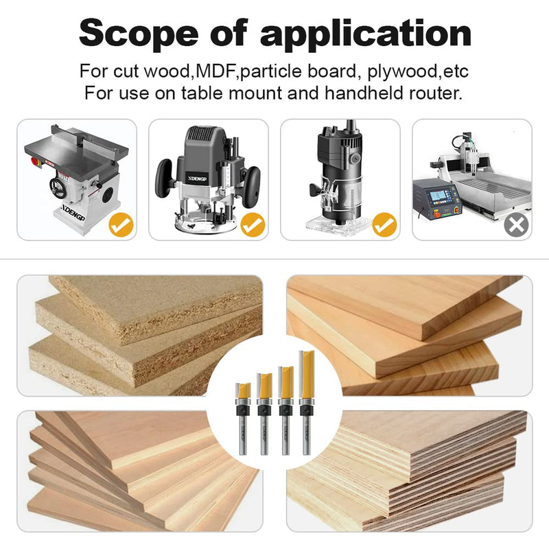 [Australia - AusPower] - 4 PCS Pattern Flush Trim Router Bit Set 1/4 Inch Shank, Top Bearing Flush Cut Trim Router Bit for Woodworking, Cutting Diameter: 1/2", Cutting Length: 1/2", 3/4", 1", 1-1/2" 4 Bits Set 