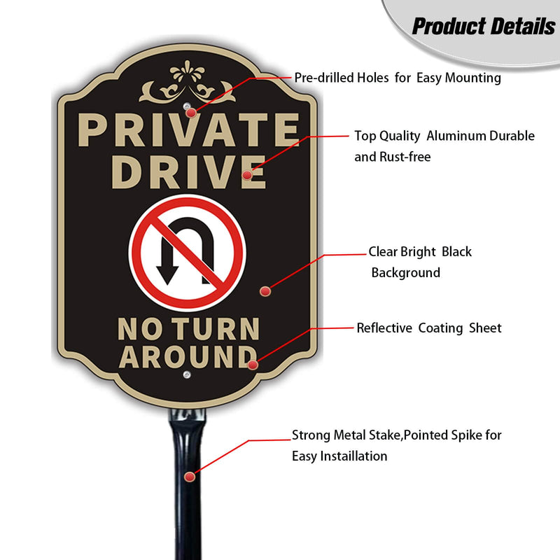 Large Private Drive No Turn Around Sign, 14”x10” Private Road Reflective Warning Signs with 36”Strong Steel Stake Rust Free Heavy Duty Aluminum Easy Installation for Outdoor Use No turn around-Black