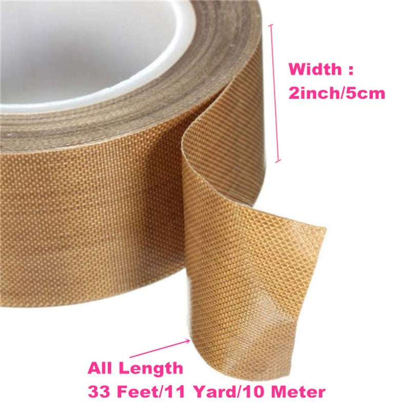 2Pieces Teflon Tape Fiberglass High Temperature PTFE Fabric Roll with Adhesive Heat Resistant for Vacuum Sealer(2inchx 33feet X 0.18mm) 2inch 2pieces