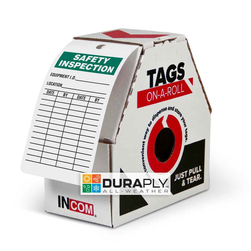 INCOM Manufacturing Inspection Tags On A Roll, Safety Inspection, Heavy-Duty DuraPly™ Stock, Waterproof and Tear-Resistant, Green On White, 6.25 Inch X 3 Inch X 10 Mil Thickness, 100 Pack, RT8004C