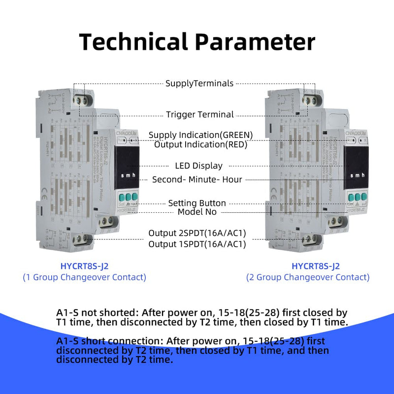 [Australia - AusPower] - CNAODUN Cyclic Time Delay Relay Digital Display Dual Outputs HYCRT8S-J2 AC/DC 24-240V Button Adjustment Cycle Time Relay DIN Rail Mount Type HYCRT8S-J2, Dual Outputs Cycle Delay 