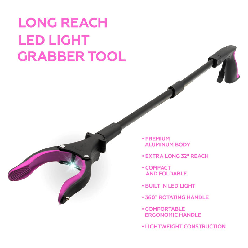 [Australia - AusPower] - Grabber Reacher Tool-Long 32 Inch Aluminum Foldable Pick Up Stick-Strong Grip Shelves LED Light Magnetic Tip, Lightweight Trash Picker Claw Reacher Grabber Tool for Elderly - by Luxet (32 Inch, Pink) 