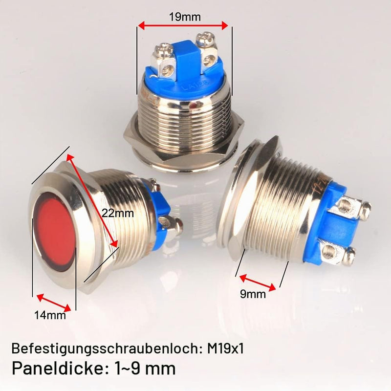 Guuzi 5pcs 12V-24V 19mm LED Metal Indicator Light Waterproof Signal Lamp with Wire (Red) Red-19mm