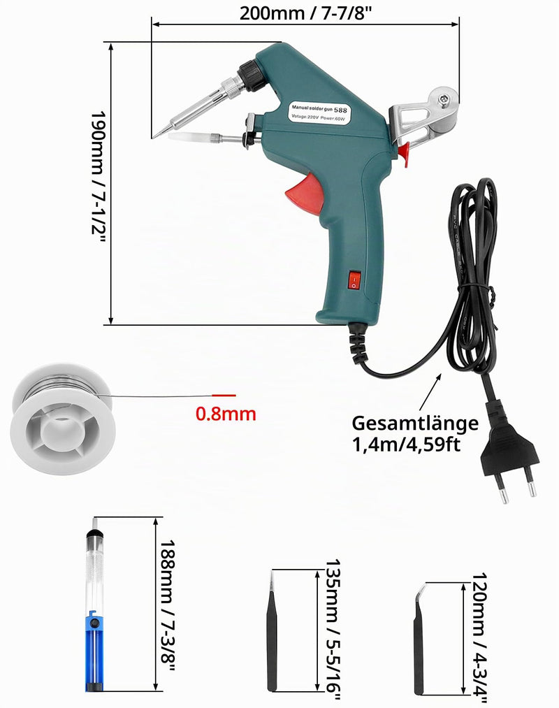 QWORK Soldering Iron Set - 60 W Soldering Gun with Soldering Wire, Desoldering Pump and 2 Tweezers, Quick Heating, Automatic Tin Supply